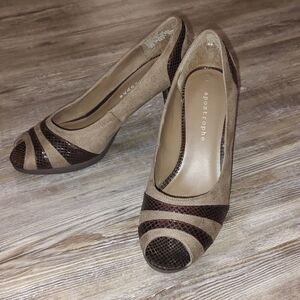 Apostrophe tan brown peep toe heels